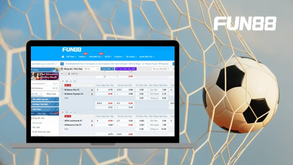 Giao diện tỷ lệ cược bóng đá tại FUN88